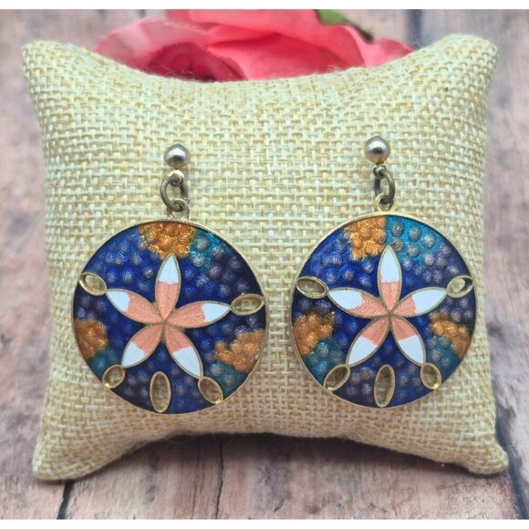 Vintage Chinese Cloisonne Large 1.5" Dangle Round Earrings Pierced Beach Summer - Picture 2 of 4